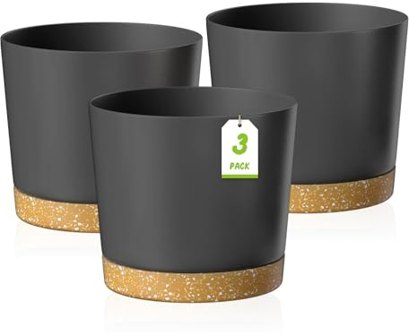 ZMTECH 25cm Plant Pots, Modern Planters with Drainage Holes and Detachable Saucer, Plastic Flower Pots for Plants for House Garden Windowsill (Set of 3, Dark Grey)