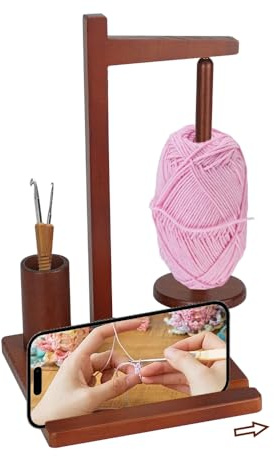 IBEQUEM Yarn Holder Magnetic, Wool Clip for Knitting and Crocheting, Wooden Spool Tool with 360°Smooth Swivel, with Cell Phone Slot and Crochet Hook Storage Cup