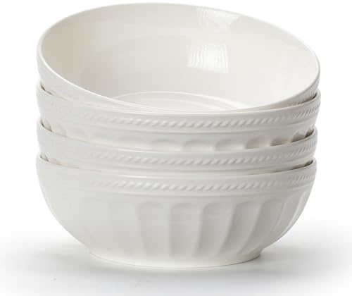TuYines - Juego de 4 cuencos de cerámica para postres, desayuno, en color blanco, 700 ml, perfectos para helado, sopa, pasta, ensalada, fideos