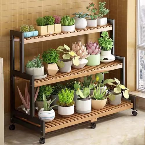 SRHIMEOS Pflanzenregal Indoor Bambus, 3 Ebenen Pflanzentreppe Blumenregal Holz Outdoor, Pflanzenständer Balkon Mit Rollen, Blumenständer Für Draußen Hoch, Garten Blumentreppe (120x40x105cm)
