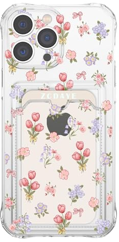 ZCDAYE Blommigt klart fodral för iPhone 16 Pro Max med korthållare, elegant, söt blomma, kvinna, telefonfodral, mjuk TPU stöttåligt skyddande telefonskydd för iPhone 16 Pro Max (6,9 tum), tulpaner
