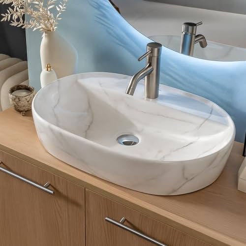 NORBE | Lavabo da appoggio in Ceramica | Lavandino in appoggio | (Marmo Bianco, 60 cm)