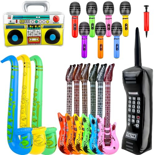 19 Pack Inflatable Rock Star Toy Set 6 Guitars 7 Inflatable Microphones 3 Saxophone 1 Boom Box 1 Mobile Phone 1 Air Pump for Carnival Party Favors Rock and Roll Party Supplies