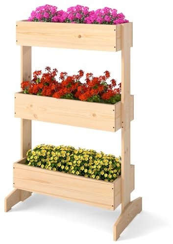 COSTWAY Jardinera Vertical de Madera, Huerto Urbano Terraza de 3 Niveles, Jardinera Flores Plantas Soporte, 69 x 39 x 109 cm, Caja de Plantación para Jardín Balcón, Natural