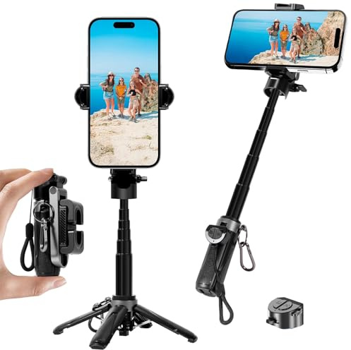 Wenbons Einstellbarer Zoom 4in1 Mini Selfie Stick Stativ, Tragbares Telefonstativ Taschenformat Handy stativ,Stability einziehbares Kompatibel mit iPhone & Android für Vlog/Foto, 2 Kaltschuh ﻿