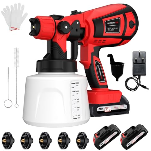Cordless Paint Sprayer, Paint Sprayer with 21V Battery, 2x 2000mAh Batteries & Charger & 1000ml Tank, Handheld Fence Paint Sprayers for Home Interior and Exterior, Fence, Cabinets, House, Ceiling