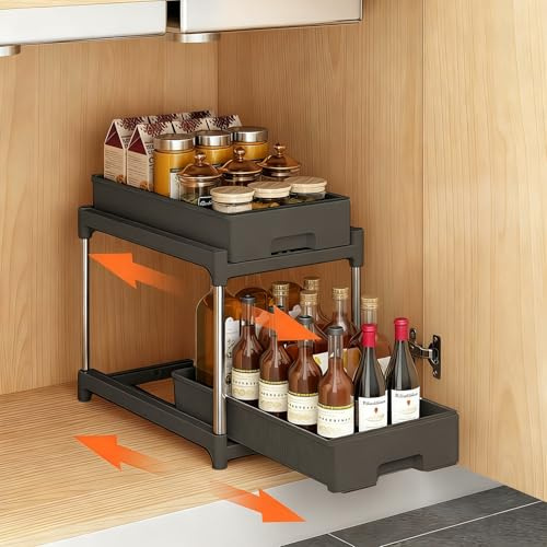 Tinyuet Estantería Bajo Fregadero, Organizador de 2 Niveles Extraíble para Bajo Fregadero - Cocina, Baño y Hogar - Negro - 1 Unidad
