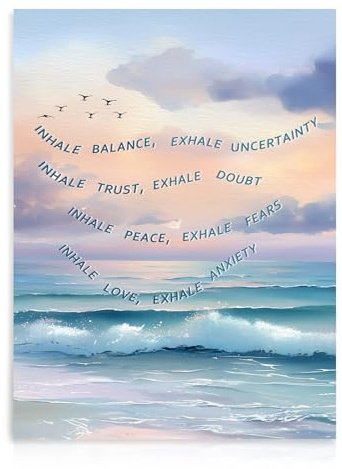 Dazzlewall Psychische Gesundheit Wandkunst Poster, Blauer Strand Küste Beruhigend Poster Positiv Einatmen Ausatmen Therapie Büro Wanddekoration Druck, 12x16 zoll Ungerahmt
