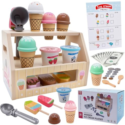 weiclianhp Heladería de Madera para Niños - Juguete Educativo con Conos, Sabores y Mostrador - Juego de rol Cocina - Regalo para Niños Niñas a Partir de 3 Años