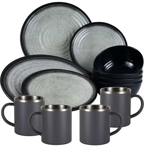 Melamin Geschirr Set Grau Schwarz für 4 Personen 16 Teile mit Edelstahl Thermo Tassen doppelwandig - Tonoptik Essgeschirr - Campinggeschirr Picknick ideal für Camping modern Outdoor