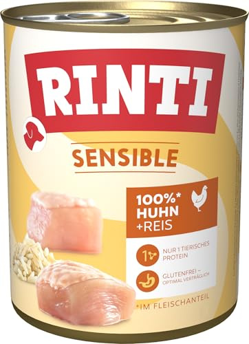 RINTI - Sensible | Nassfutter für Sensible, ausgewachsene Hunde mit natürlichen Fleischstücken. Getreidefreies Alleinfutter in der Dose ohne künstliche Zusätze | 6x800g Huhn + Reis