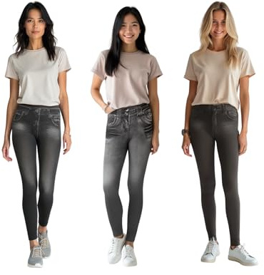 ShopINess Lot de 3 Jeggings Leggings pour Femme Style Jean Couleurs Mixtes Gris et Noir avec Doublure Polaire Intérieure (L-XL, 2 Noir+1 Gris)