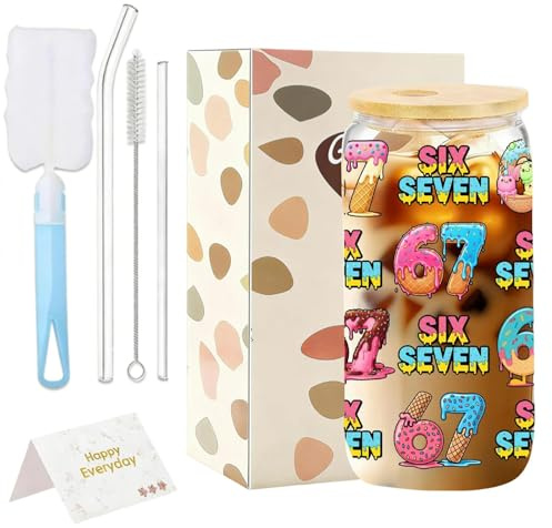 Nhemeylp 67 Iced Coffee Cup, 16OZ Glass Cups with Lids and Straws, Leakproof Glass Tumblers with Card and Gift Box, 67 Gifts for Smoothies, Beer, Cola, Juice, Soda,Cocktail, Milk