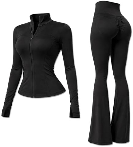 Yu & Me PARIS Women 2 Piece Slim Fit Gym Wear Tracksuit Set – Zip-Up Jacket & High Waist Flared Cut Scrunch Leggings Ruched Seam – Activewear, Yoga