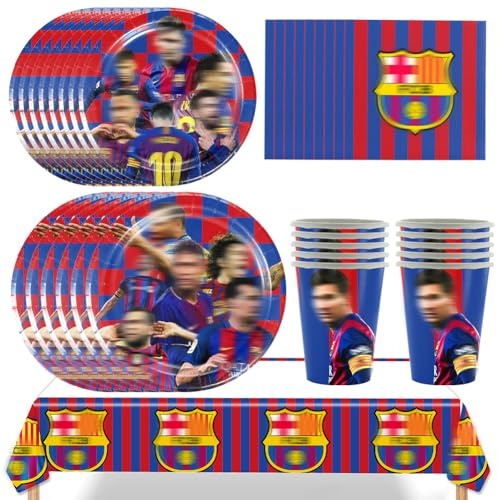 Fútbol Vajilla Fiesta Decoración, 51 Pcs Decoración de Cumpleaños de Barrce-lona - Bandejas de Papel, Toallas de Papel, Vasos, Manteles Cartoon Vajilla de Fiesta Temática Set
