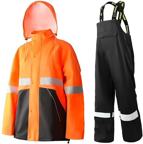 Navis Marine Hi-Vis Herren Regenanzug Wasserdicht Robust PU Kapuze Latzhose | Winddicht & Atmungsaktiv, Abriebfest, Reflexstreifen, Komfortabel, für Baustelle, Angeln, Forst, Outdoor