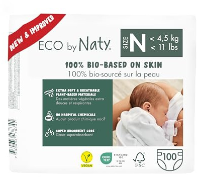 Eco by Naty ekologiska babyblöjor - växtbaserade miljövänliga eko blöjor, bra för känslig babyhud och förhindrar läckage (Storlek Nyfödd, 100 stycken)