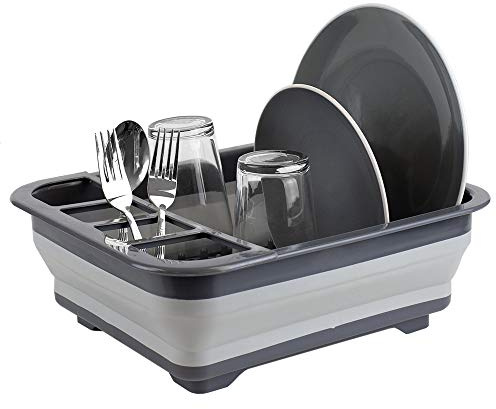 HOME BASICS Abtropfgestell aus Silikon und Kunststoff, faltbar und einfach zu verstauen, mit Besteckhalter, Grau