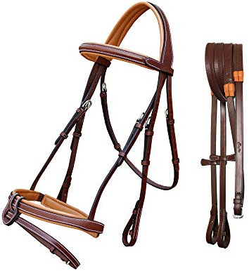 Exion Comfort Soft Lined Snaffle Hunter Jumping Bridle with Detachable Flash & Rubber Reins | Anatomical English Bridle for Horses (Oak Brown, Cob)