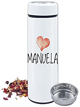 Personalisierter Thermobecher mit Herz-Motiv – Isolierflasche mit Sieb für Tee – Geschenk mit Wunschname – Doppelwand Edelstahl – Auslaufsicher, 500 ml