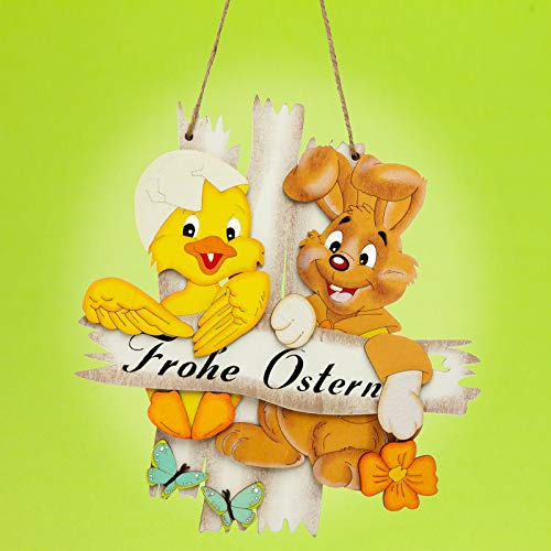 SIKORA OD15 Osterdeko Türschild aus Holz zum Aufhängen | Hochwertige Frühlingsdeko für Tür & Wand | Farbenfrohes Willkommensschild mit Osterhase und Küken | Höhe ca. 29cm