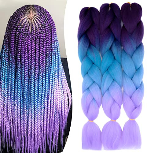60cm Extension Treccine Treccia Africane Capelli Sintetici Finti Ombre Lunghi Intrecciare Jumbo Braids 3 Ciocche Crochet Twist Bellezza, Viola& Blu&Viola chiaro