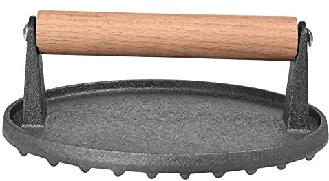 filete, placa prensado carne barbacoa, plancha hierro fundido para asar barbacoa resistente hamburguesa carne con mango madera, funciona perfectamente con cualquier plancha.