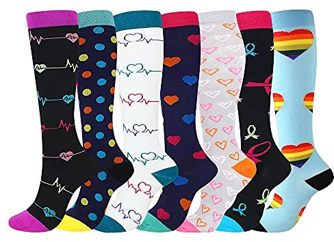 Compression Socks for Women and Men, 7 Pairs Medical Compression Stockings 15-20 mmHg Colorful Support Socks for Athletic, Varicose Veins, Running, Cycling, Hiking, Flight Travel, Nursing, Pregnancy