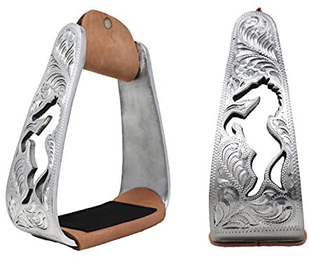 CHALLENGER Pferdesattelsteigbügel Westernsteigbügel aus leichtem Aluminium, abgewinkelt, graviert, stehender Pferdeausschnitt