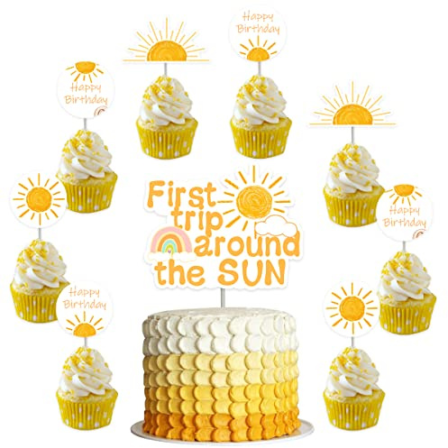 Tortenaufsatz First Trip Around The Sunshine, doppelseitig – Weltraum 1. Geburtstag, Dekorationen für Jungen und Mädchen, Sonne 1. Geburtstag, Partyzubehör