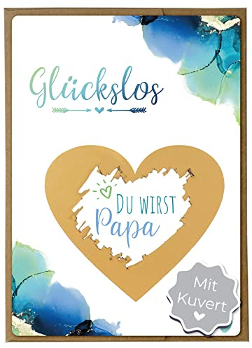 Joli Coon Rubbelkarte Du wirst Papa, mit Kuvert, Schwangerschaft verkünden | 350g Designerpapier, fühlbare UV-Lack-Veredelung, naturfarbenes Steckkuvert mit goldenem Herz, zur Schwangerschaftsverkündung