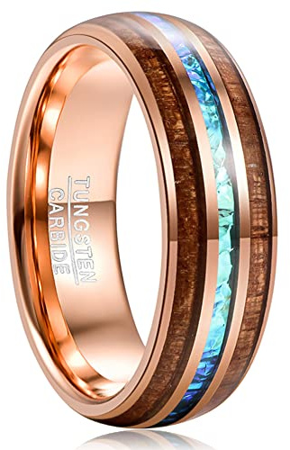 TUNGSTORY Wolfram Ringe für Herren 8mm Roségold/Silber Ehering mit Holz/Opal Inlay Größe 54.4(17.3)-72(22.9)