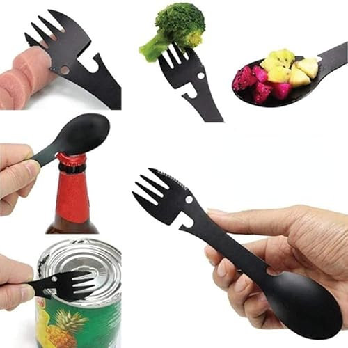 5 en 1 Outils de survie multi-usages Camping EDC Kit couteau fourchette cuillère bouteille ouverture boîte (deux noir et argent)