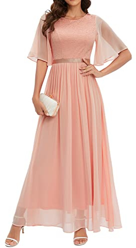 Bboninedress Robe Femme Chic et Elégant Robe Hiver de Cocktail Soirée Longue pour Mariage Cérémonie Bal de Promo Anniversaire Taille Empire en Dentelle et Mousseline de Soie Manches Fluide Blush XL