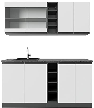 Vicco Singleküche R-Line, Weiß/Anthrazit, 160 cm J-Shape, mit Arbeitsplatte und Spülbecken, anschlussfertig vormontiert