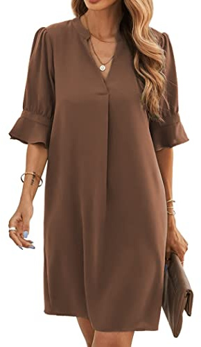 Famulily Damen Sommer Elegante Rüschen Ärmel Kleid Shift Kleid Tunika Kleid Mini Kleider Braun XL