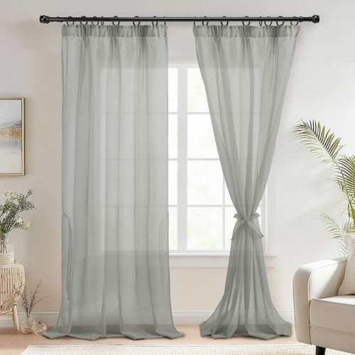 DWCN Stores Gardinen mit Kräuselband Transparent Vorhang Grau H260 x B140cm | 2er Set, Durchsichtig，Leinenoptik，Gardine mit Raffhalter, für Schienen, für Wohnzimmer Schlafzimmer Kinderzimmer