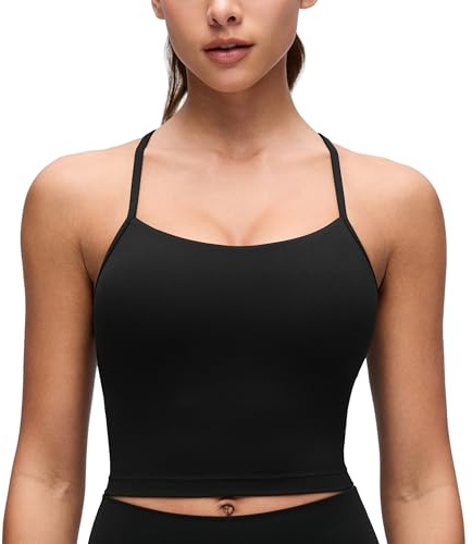 CRZ YOGA Butterluxe Y Back Crop Tank Tops for Women - Spaghetti Straps Racerback Padded Yoga Workout Longline Sports Bras Black Small