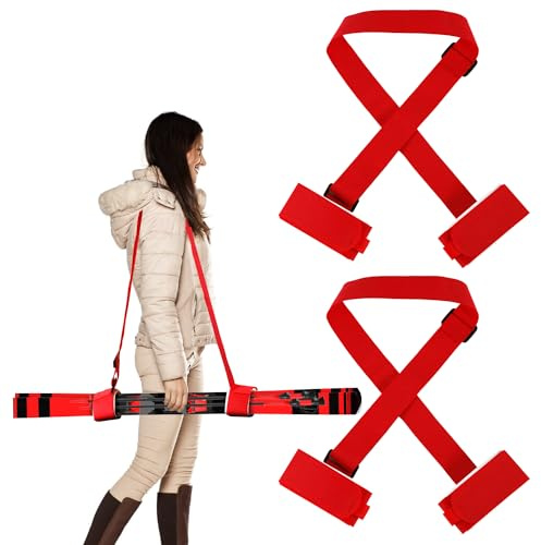 2 Pairs Ski Fastener Tapes, Adjustable Ski Boot Straps with Protector Pads Ski Carrier Straps Ski Wraps Ties Gear Storage for Ski Poles Boards Carrying Outdoor Winter Sports Accessories (Red)