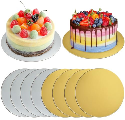 NAROSEBE 8 PCS Bases para Tartas Dorados 20cm (4 Doradas + 4 Plateadas) Soporte Tartas Carton Tablero de Pastel Redondo Base de Cartón Bandeja para Tartas Redondos para Transportar Tartas y Pasteles