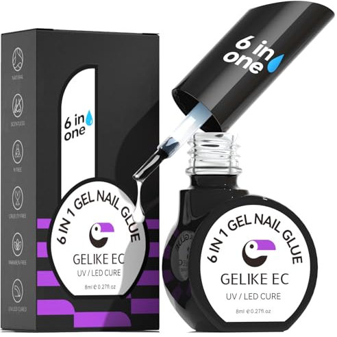 Gelike ec Nagelkleber Für Kunstnägel: 6 IN 1 Extra Stark Nail Glue for Kunstnägel Press on Nails Fingernägel Soft Nageltips,Brauchen Ausharten Unter UV Nagellampe 8ml