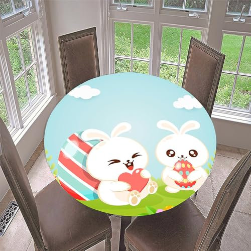 Lukery Tischdecke Rund, Abwaschbar Lotuseffekt Gartentischdecke, Gummiband Tischdecke Rund Tischdecken Tischtuch für Indoor Schutz (180cm,Osterhase G)