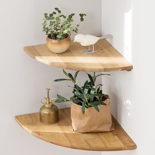 Gieanoo Eckregal Hängeregal, 30cm Eiche Massivholz Eckregal 2er Set runde Enden Wandregal Holz Vintage Landhausstil Regal für Schlafzimmer Wohnzimmer