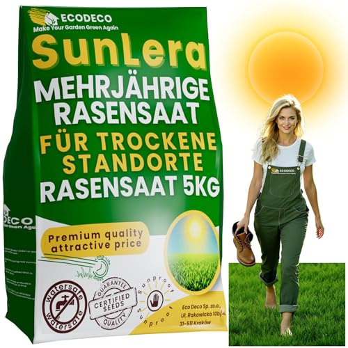 Rasensamen Trockenrasen Schnellkeimend 5 kg für 200 m² | Trockenresistenter Grassamen für Sonnige Flächen – Nachsaat im Frühling, Selbstregenerierend – Dürreresistenter Rasen