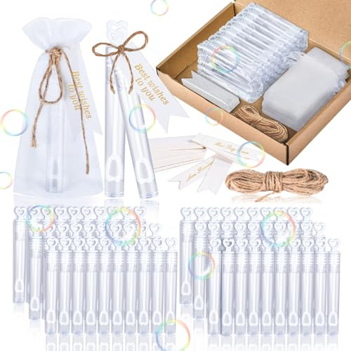Ulikey Seifenblasen Hochzeit Set, 60Pcs Mini Bubbles mit Herzgriff, Seifenblasen Spielzeug in weiß mit Sticker, Wedding Bubbles für Valentinstag Hochzeit Geburtstag Gastgeschenk (Hang-Tag)