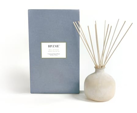 Blueme Balance Diffuser | White Lotus & Tea | 5.92 Fl Oz - Refillable Wellness Diffuser, Contains Essential Oil, Sustainable, Hand Finished, Premium, Luxury Ceramic, Natural Rattan Reeds, | Small