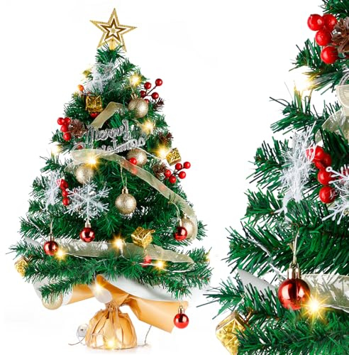 Mini Christmas Trees with Lights, Migaven 2ft/60cm Green Tabletop Christmas Tree with Berry Pine Cone Ornaments Led String Light for DIY Desktop Christmas Decorations