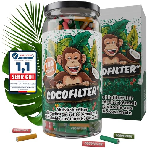 CocoFilter® Filtri al carbone attivo 6mm in guscio di cocco [700 pezzi] - Filtri slim naturali con cappucci in ceramica per cartine rollate, ciascuno da 27mm [in barattolo di vetro]