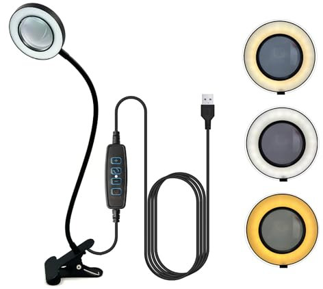 Xinlie Lupe mit Licht 5-Fache Standlupe mit Licht Tischlupe Lampe mit Lupe Lupe mit USB-Klemme Dimmbare Lupe mit Licht und Ständer für Arbeit, Lesen, Hobbys, Nähen, Basteln - Schwarz