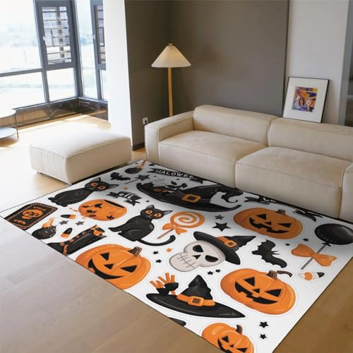 LANDERSION Halloween Akzent Teppich Spaß Horror Thema Bereich Teppich Schädel Kürbis Schwarz Katze Muster Teppich Nicht Haaren Low Flor Teppich für Bauernhaus Terrasse 100x150cm